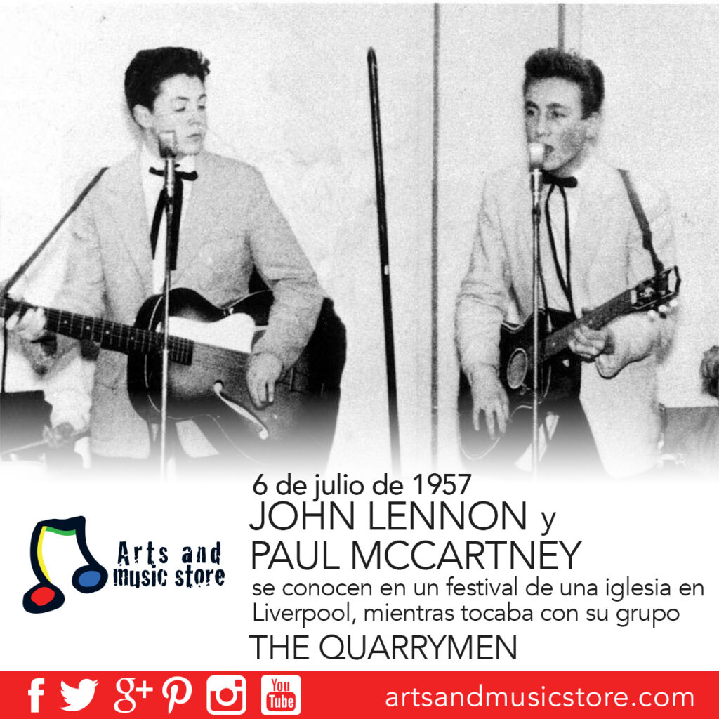 6 de julio de 1957, John Lennon y Paul Mccartney se conocen en un festival de una iglesia en Liverpool, mientras tocaba con su grupo The Quarrymen